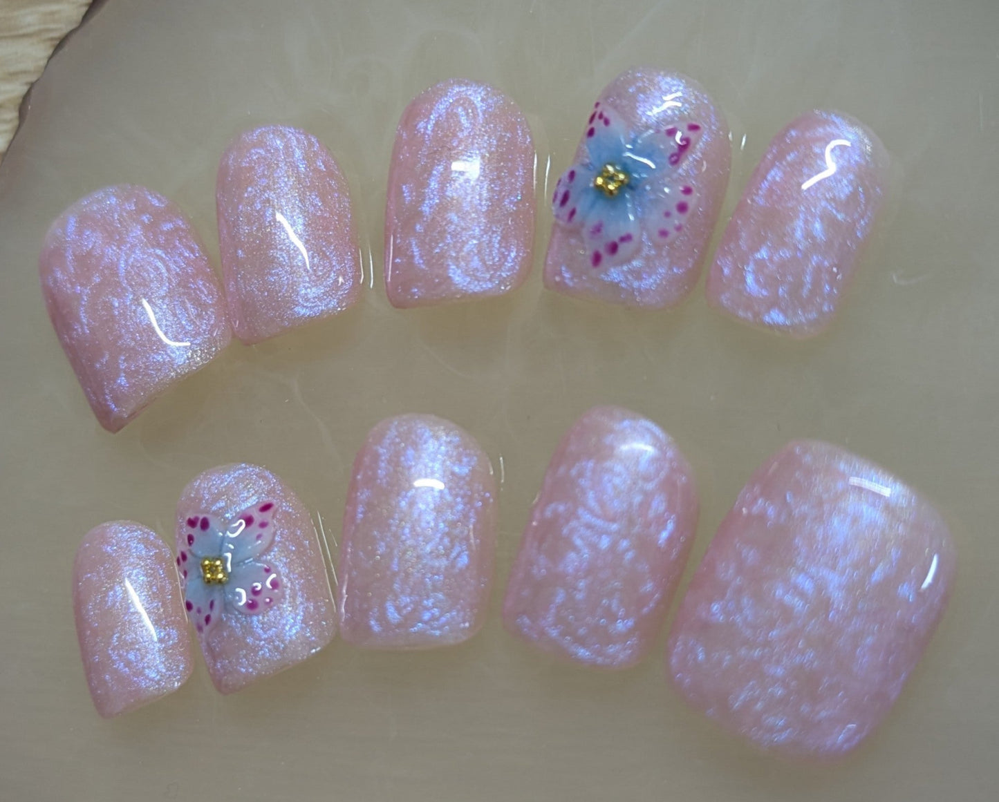 Pink with Blue shades pearly swirls with 3D exotic flower /short square soft gel tips/ summer nails/exotic / tropical nails/vacation nails - 10 pieces
