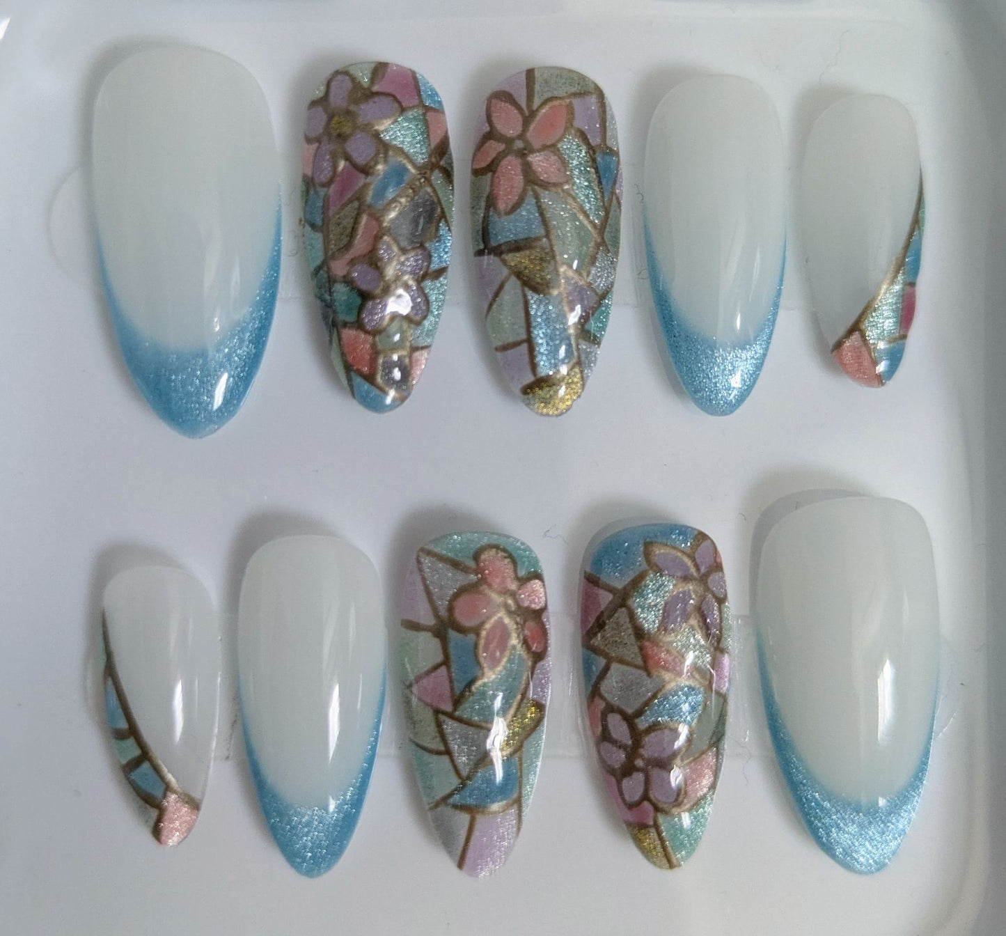 Stained Glass nail art, flowers, milky white base colour . blue french style Medium Almond nail set 10 pieces